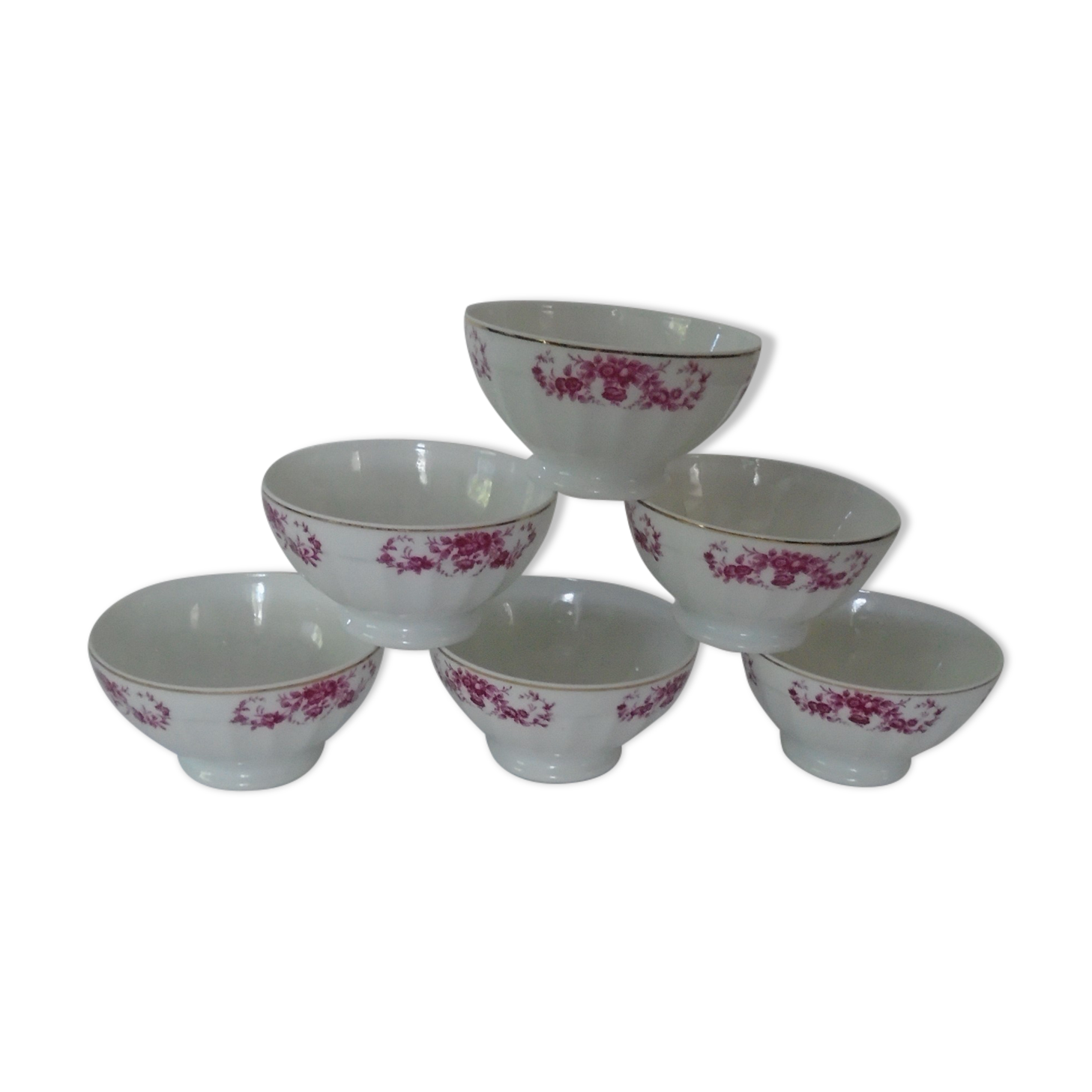 6 Porcelain bowls Limoges décor small pink flowers 50s/60s