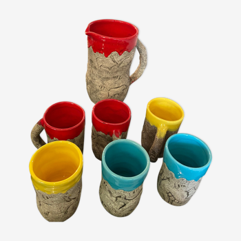 Lot de 6 tasses avec pichet art rupestre céramique de Vallauris