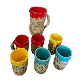 Set of 6 cups with pitcher ceramic rock art from Vallauris