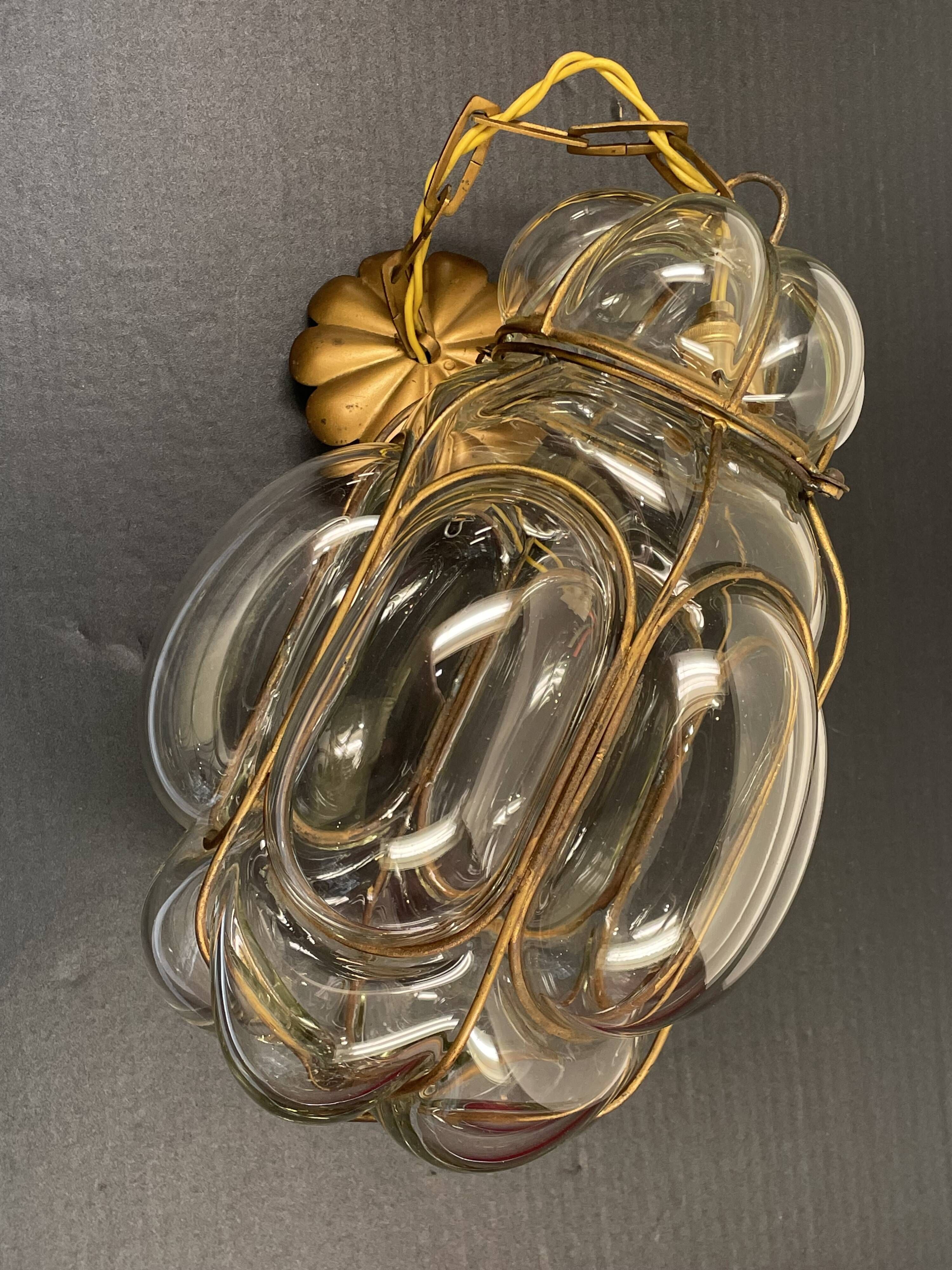 Old Venetian blown glass chandelier, Murano lighting fixture in wrought iron structure