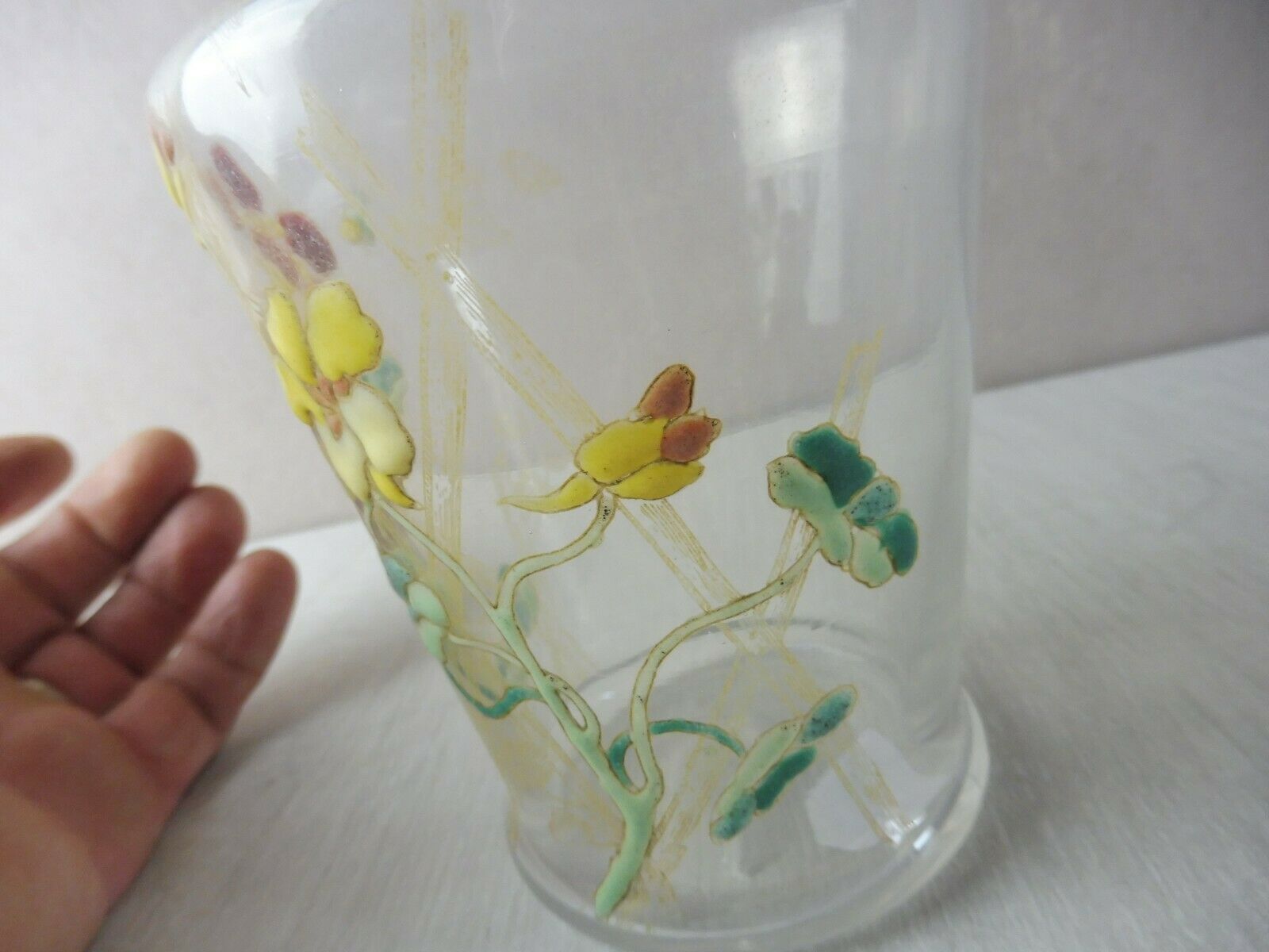 Old enamelled decanter, flower decoration, Legras