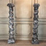 Paire De Colonnes Torsadées En Marbre Gris Des Ardennes, Vers 1880