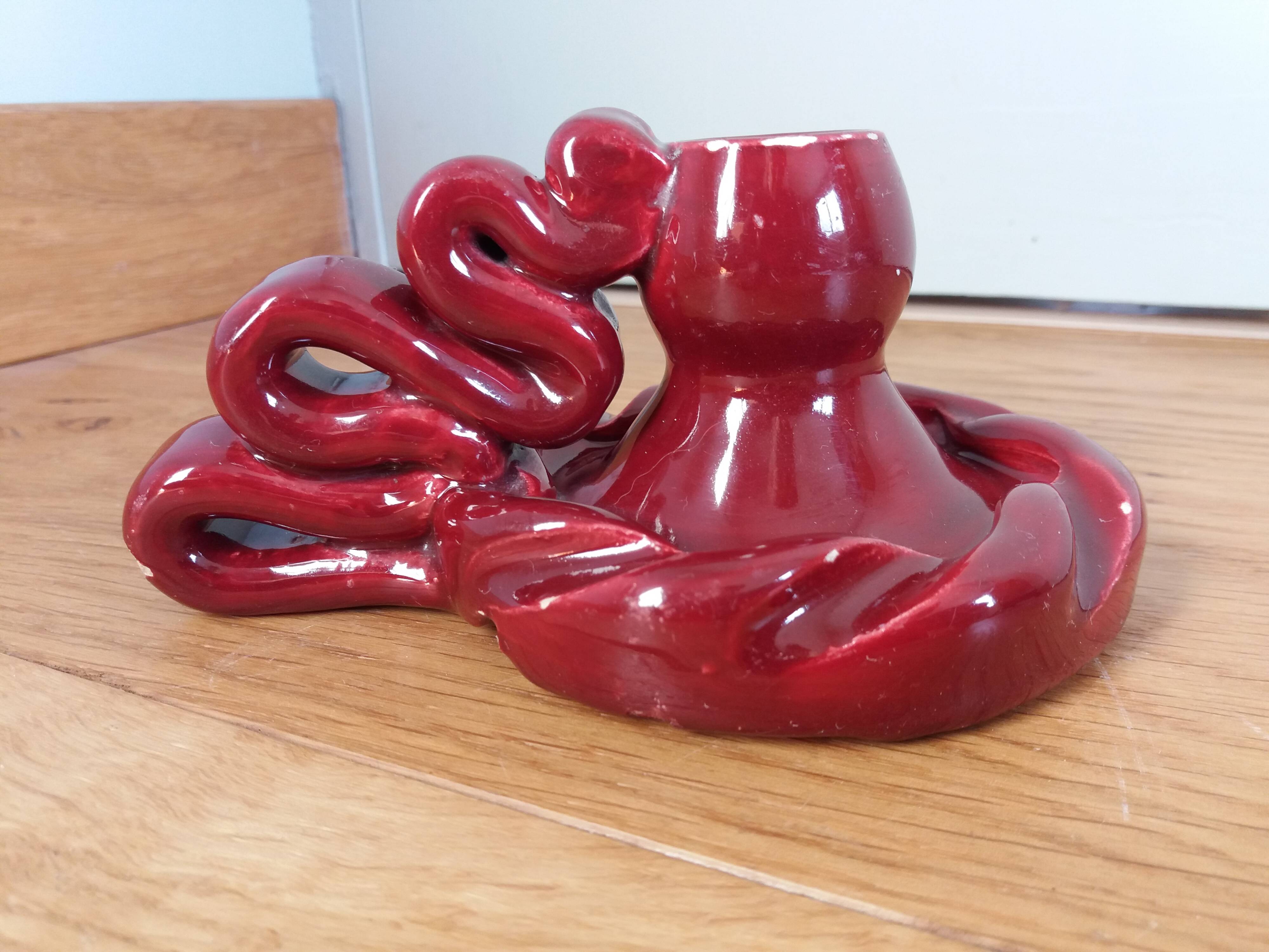 Vallauris style burgundy slip candle holder