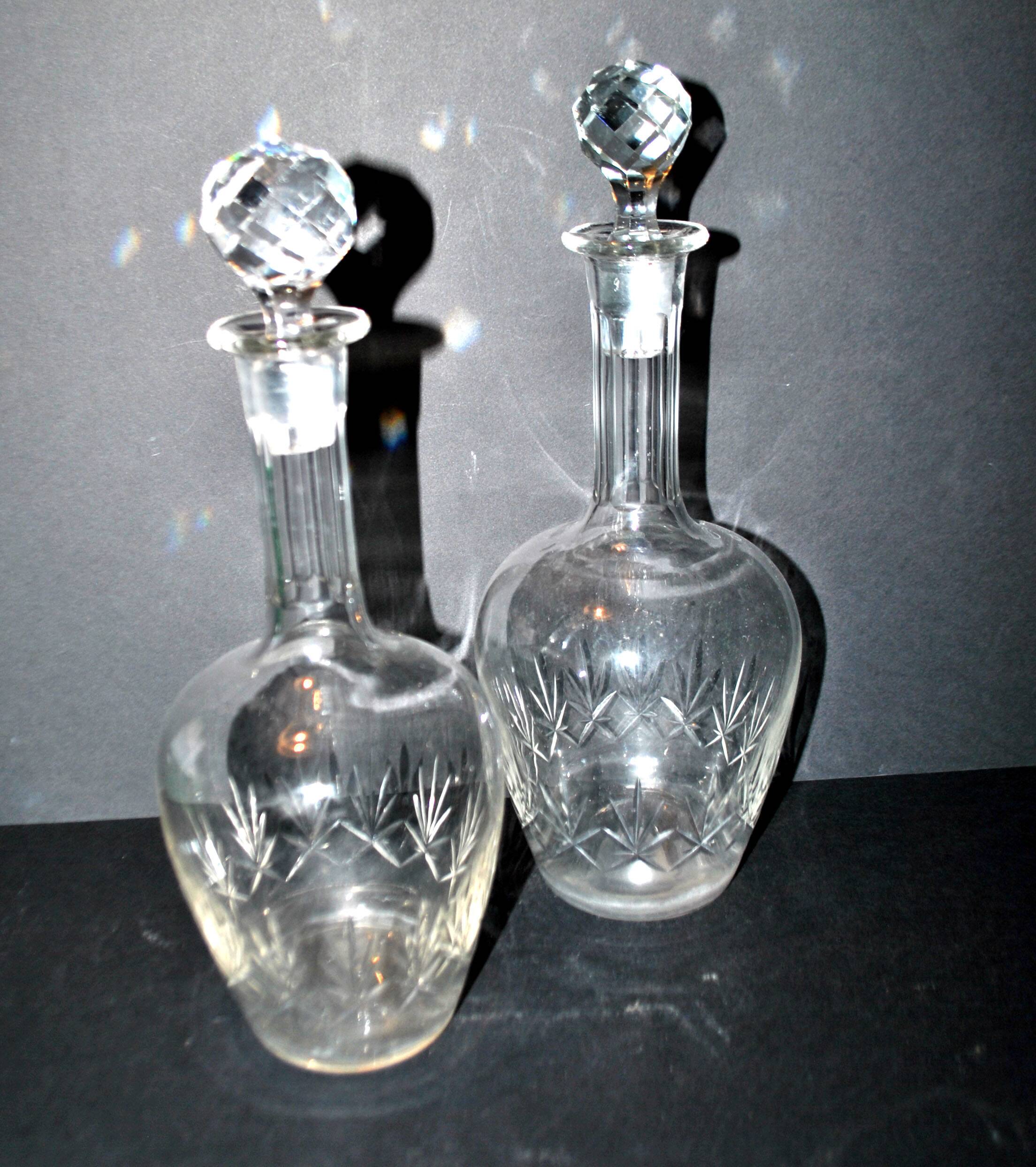 Set of 2 antique cut crystal wine decanters from Cristallerie Lorraine