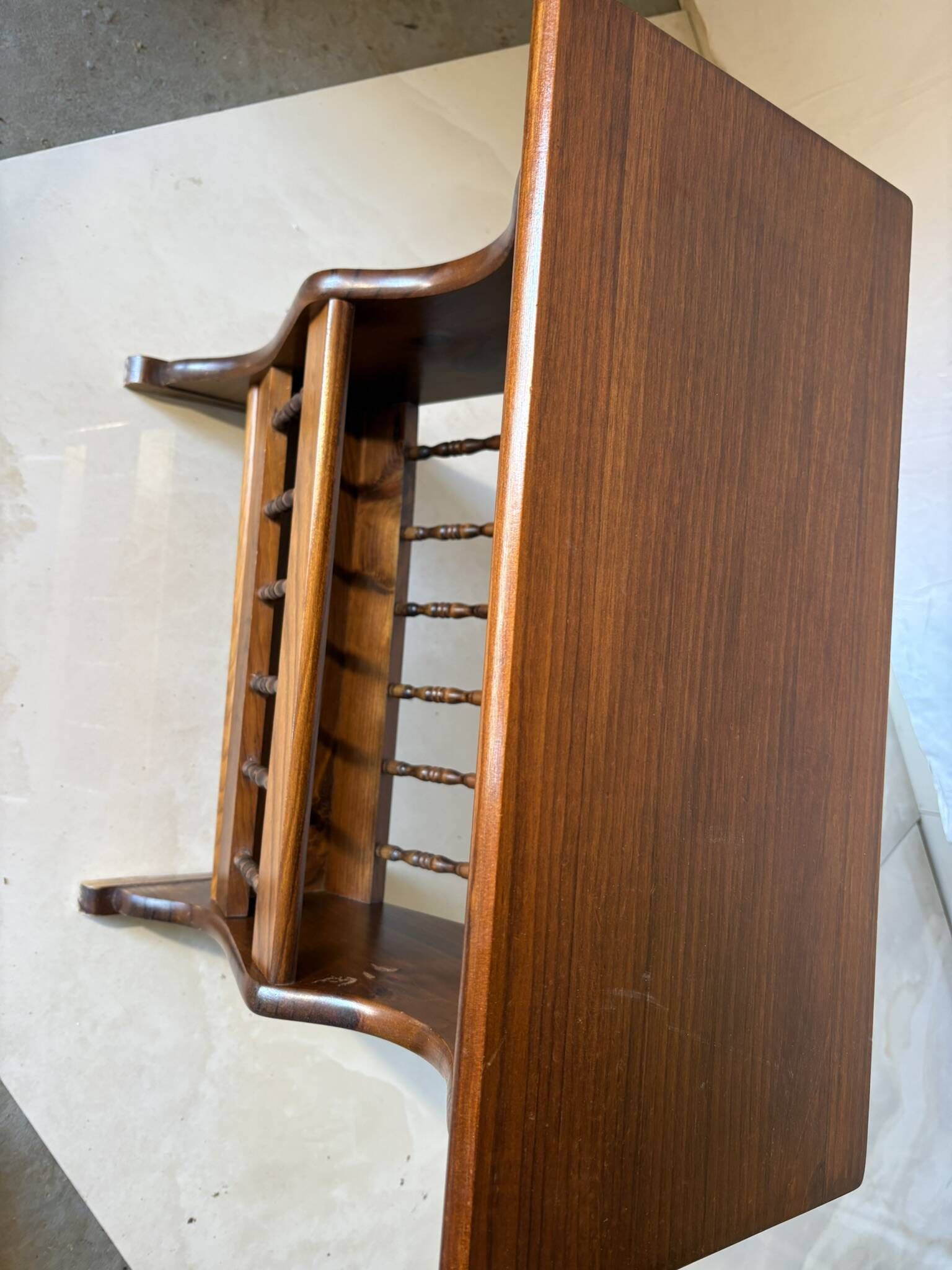 Side table, vintage turned wood magazine rack