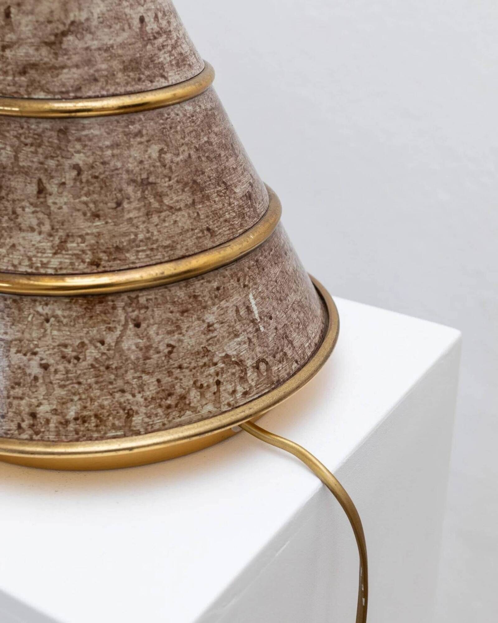 Brown ceramic mid-century table lamp with cream handmade paper floral shade and brass accents