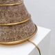 Brown ceramic mid-century table lamp with cream handmade paper floral shade and brass accents