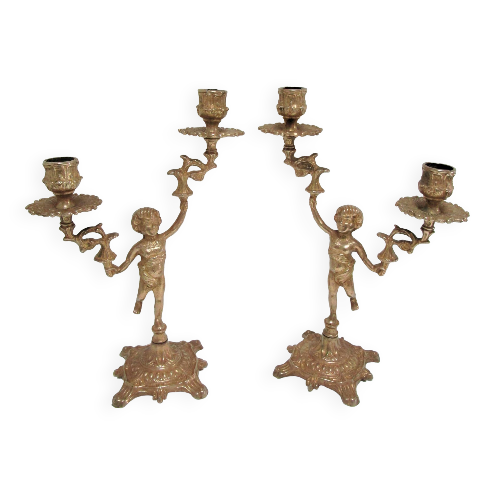 Pair of vintage golden brass cherub candlesticks