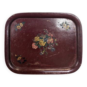 Large Napoleon III tray in painted metal with a floral design.