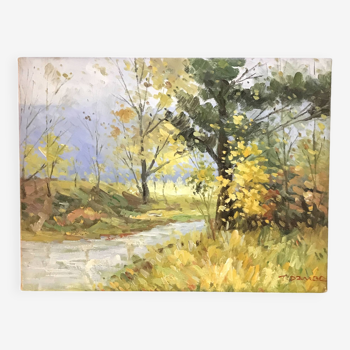 Huile sur toile ancienne "Ruisseau dans campagne d'automne"