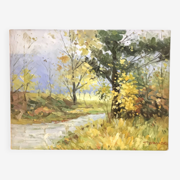 Old oil on canvas "Stream in the autumn countryside"