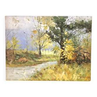 Old oil on canvas "Stream in the autumn countryside"