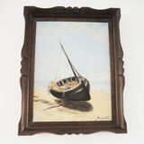 Oil on Wood Framed and Signed Henri Merlet : Boat Lying on Strike