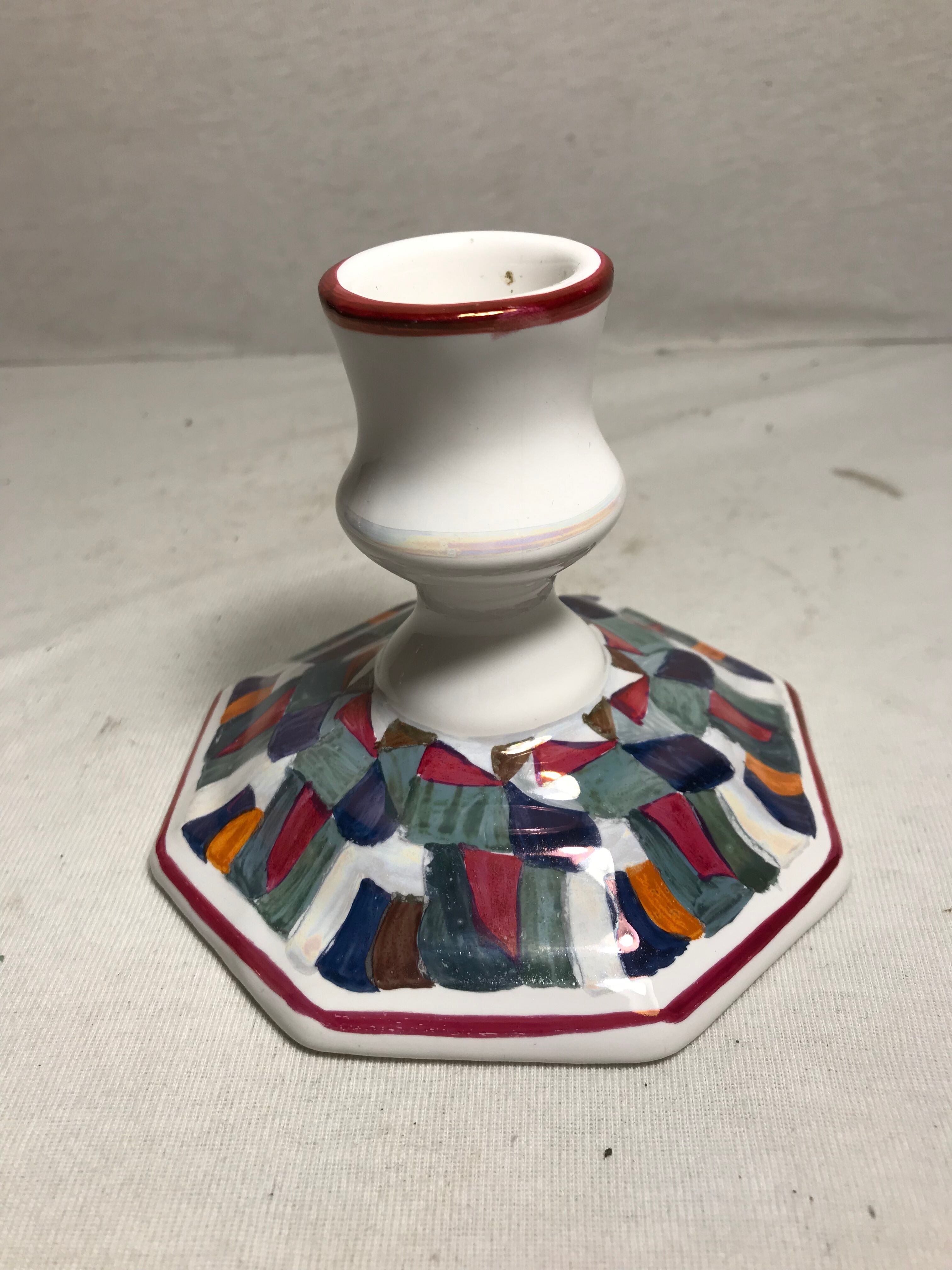Old candle holder ceramic white + patterns painted colors signed vintage comics