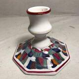 Old candle holder ceramic white + patterns painted colors signed vintage comics
