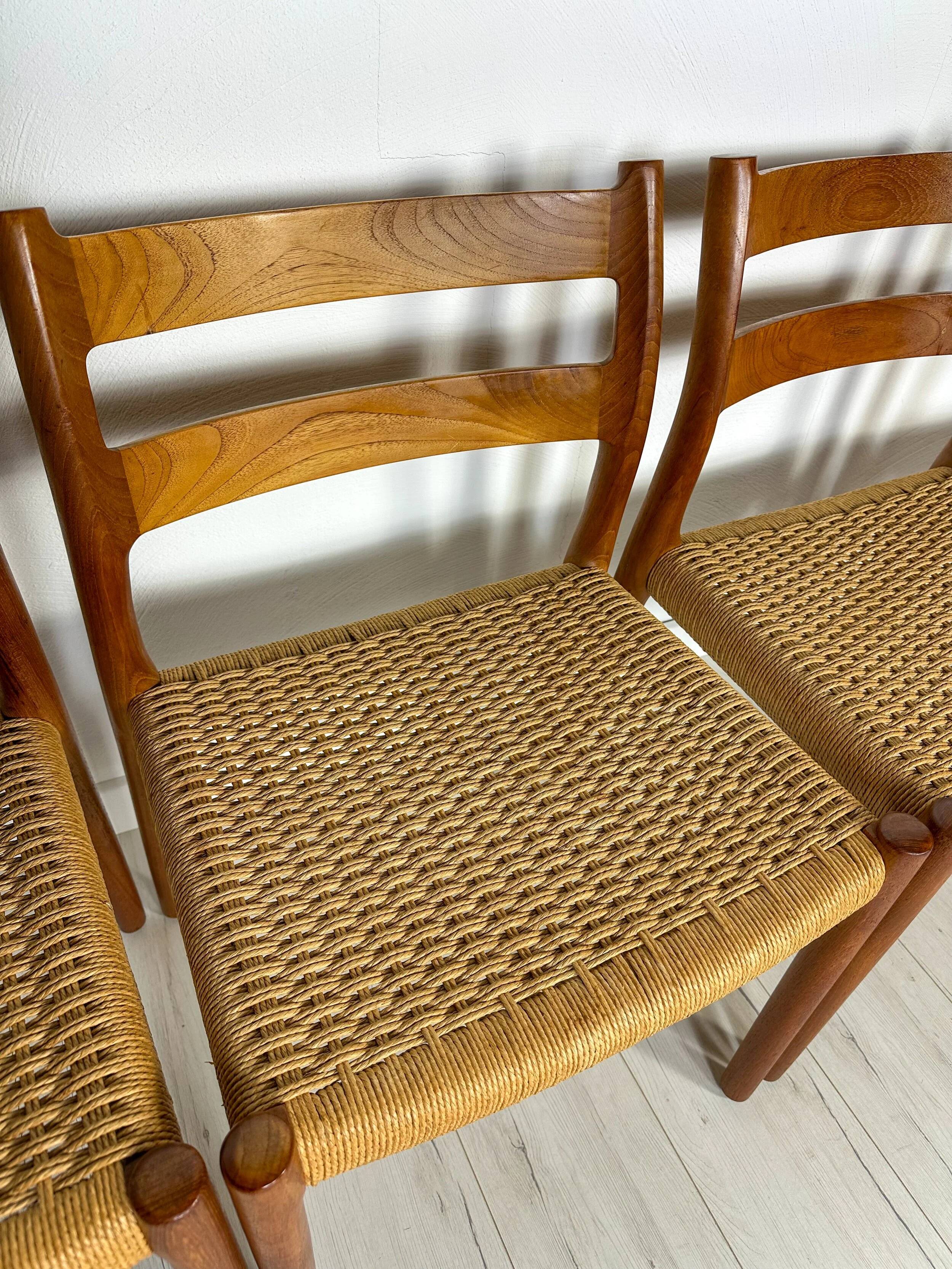 1960s Set of 6 Danish Teak Papercord Dining Chairs Model 84 by Niels Møller