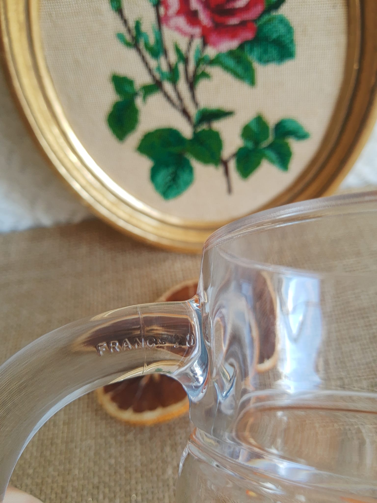 Vintage orange fruit pattern glass carafe