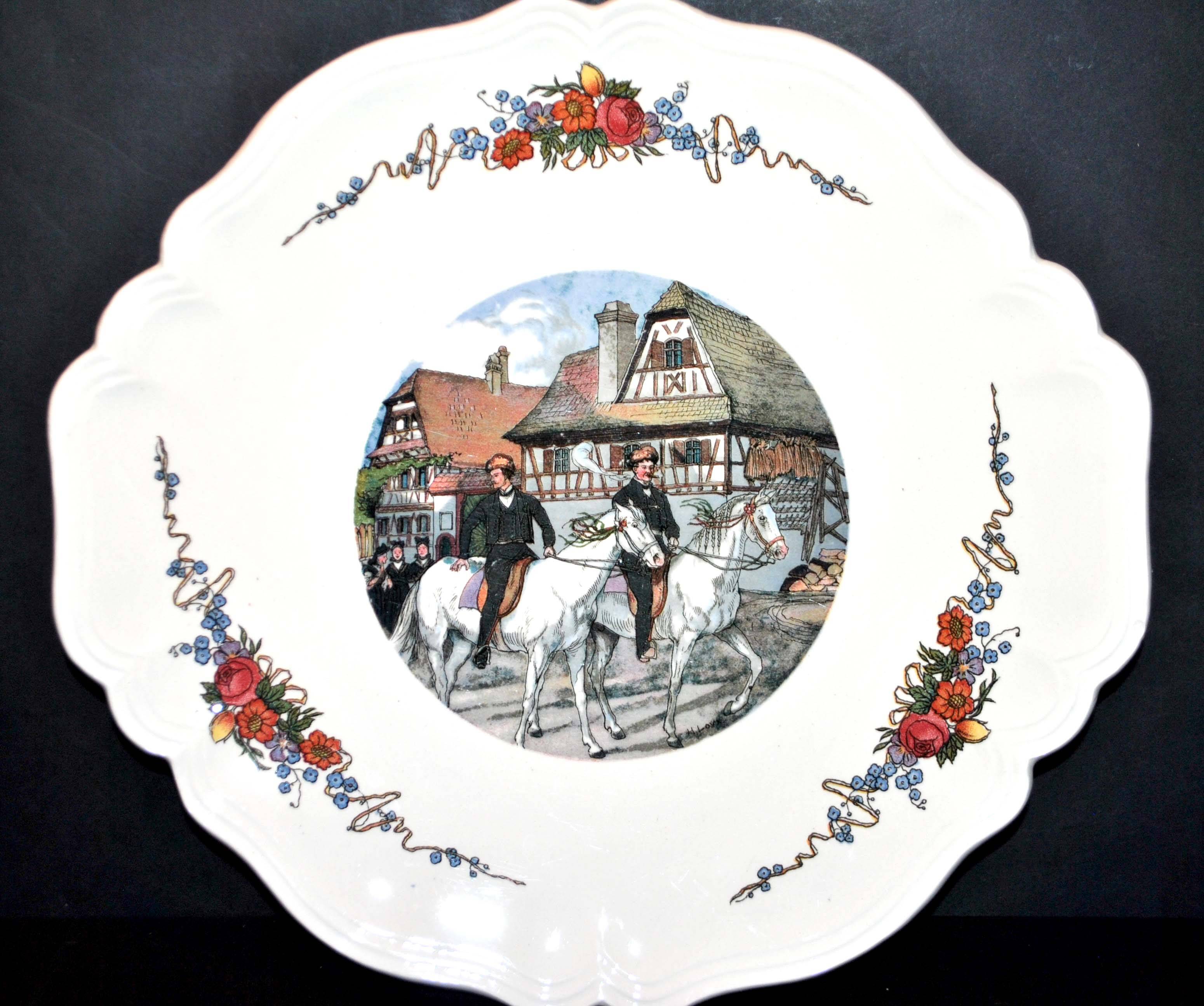 Obernai dish in Sarreguemines earthenware in scalloped lentil shape - Alsace horse rider 30 cm