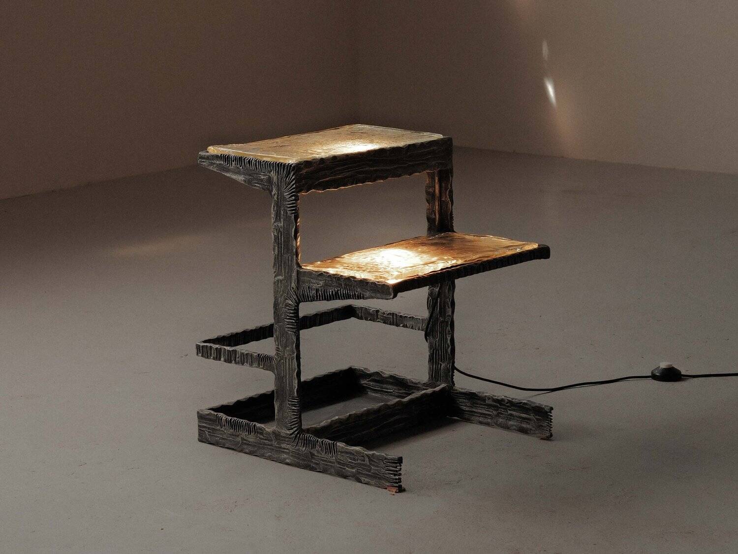 Illuminated side table in wrought iron, France, circa 1970.