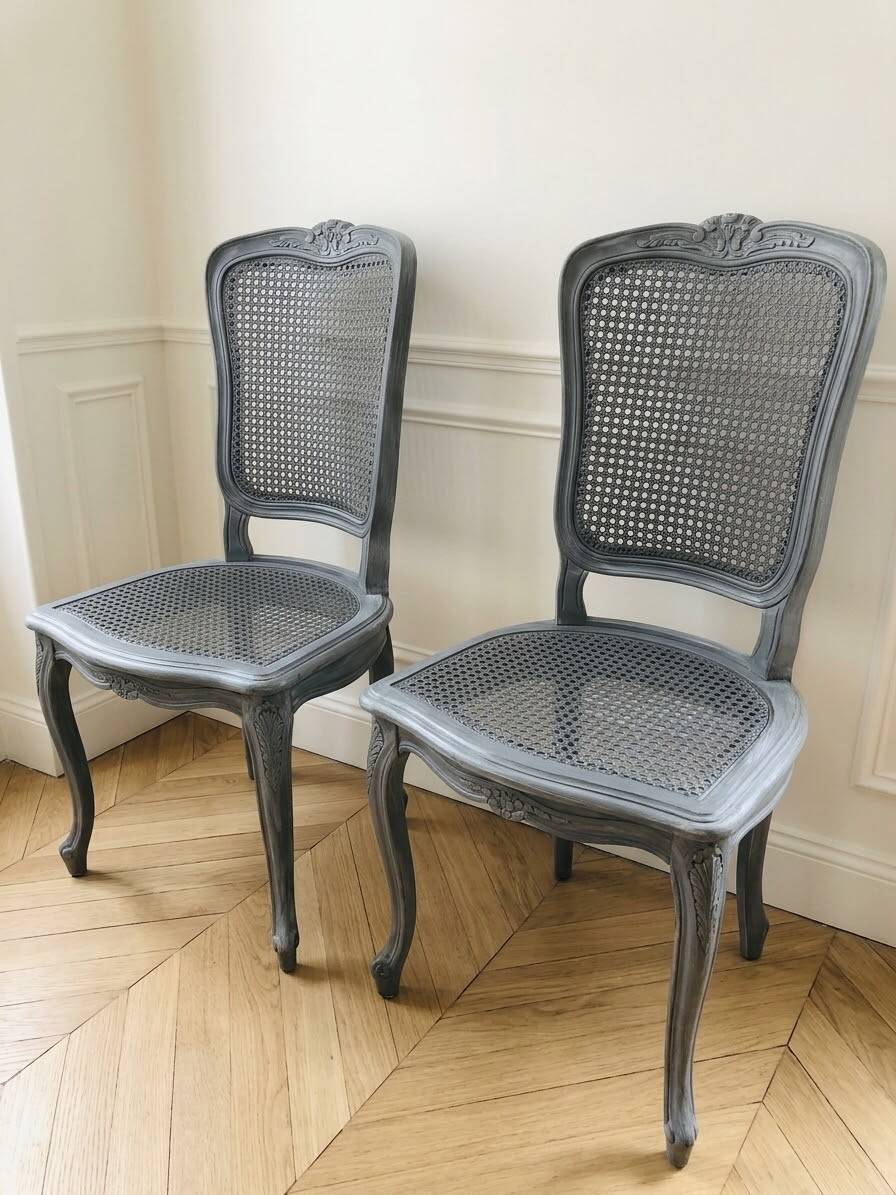 Set of 4 Louis XV chairs with light grey patinated caning.