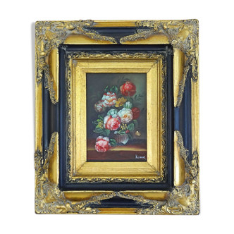 Oil on panel flower bouquet, signed
