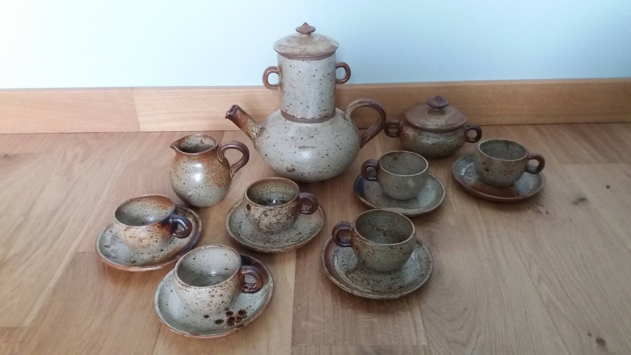 Tea or coffee service in Puisaye stoneware, signed Jean-Pierre Prud’homme