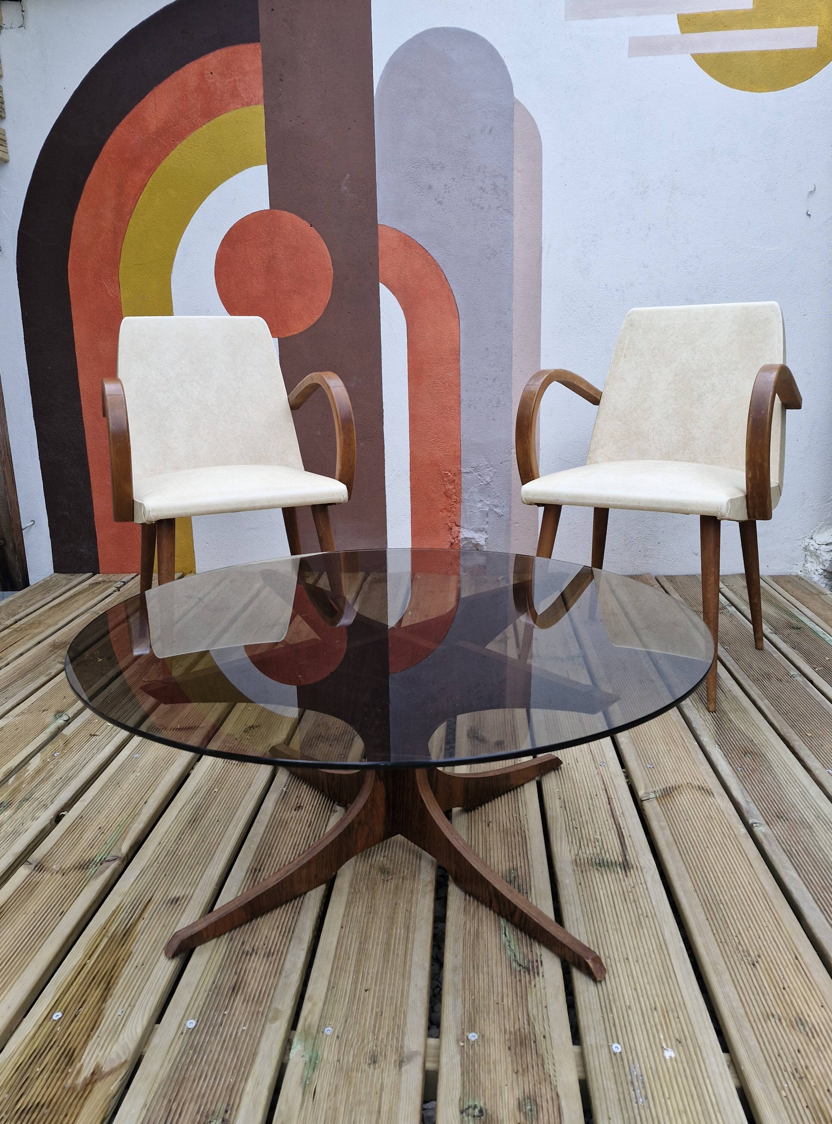 Vintage coffee table from the 60s and 70s by Hugues POIGNANT, smoked glass & teak.