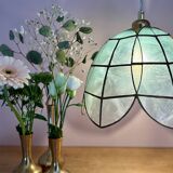 Vintage pendant light in blue mother-of-pearl and brass.