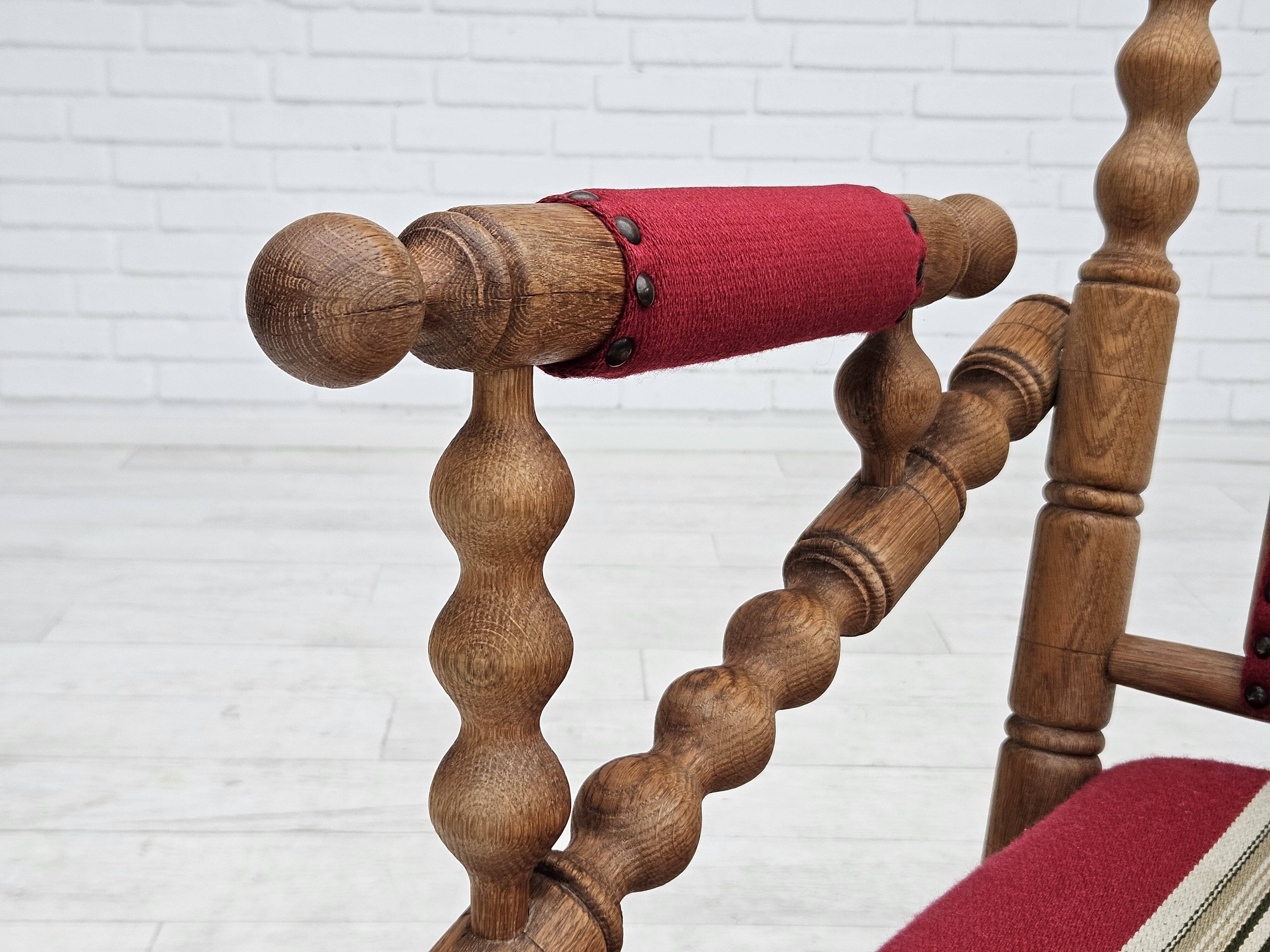 1970s, Danish highback rocking chair, oak wood, furniture wool, original condition.