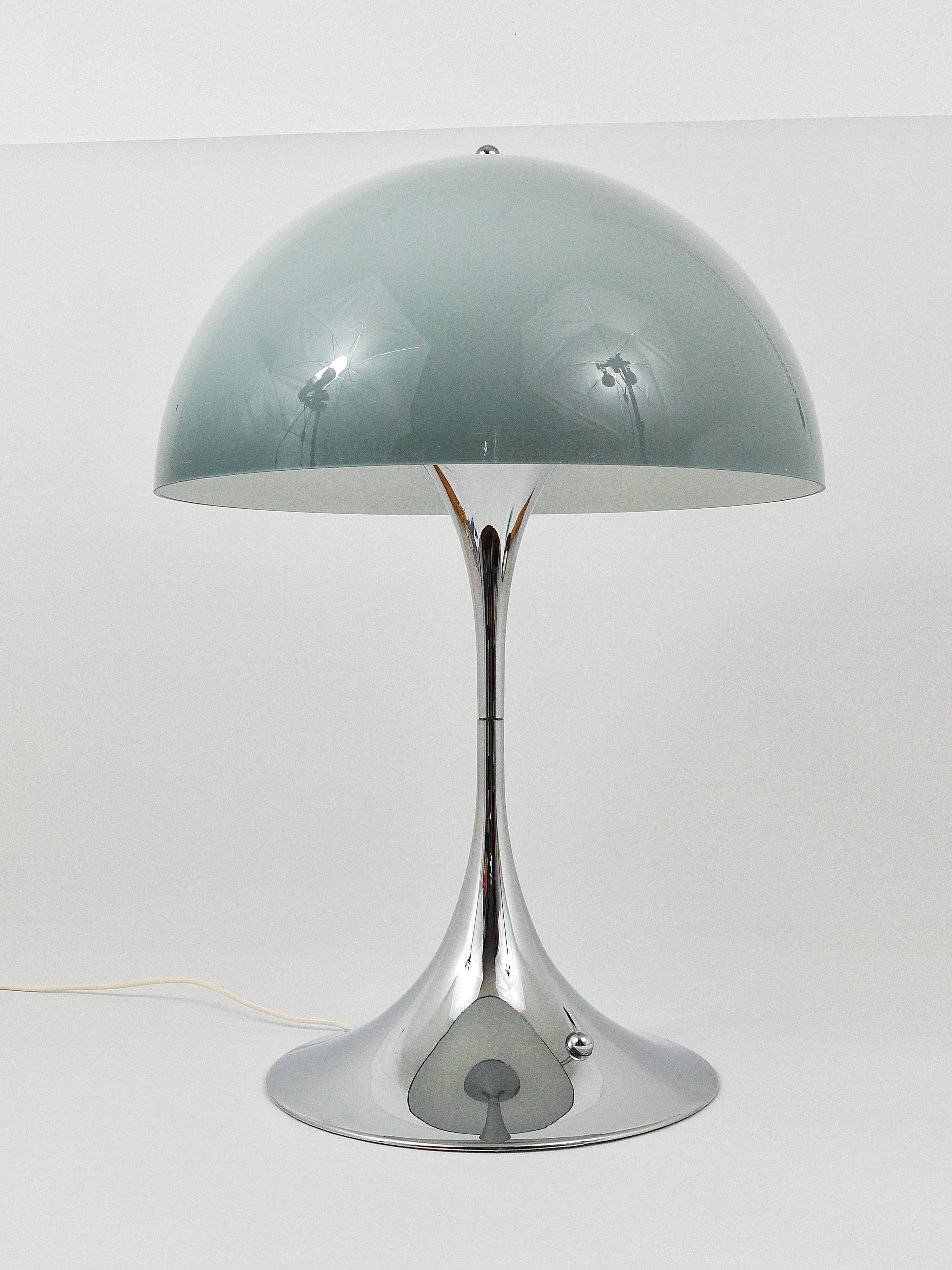 Rare Panthella table lamp by Verner Panton with a chrome base and grey shade.