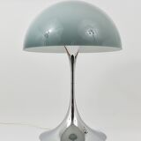 Rare Panthella table lamp by Verner Panton with a chrome base and grey shade.