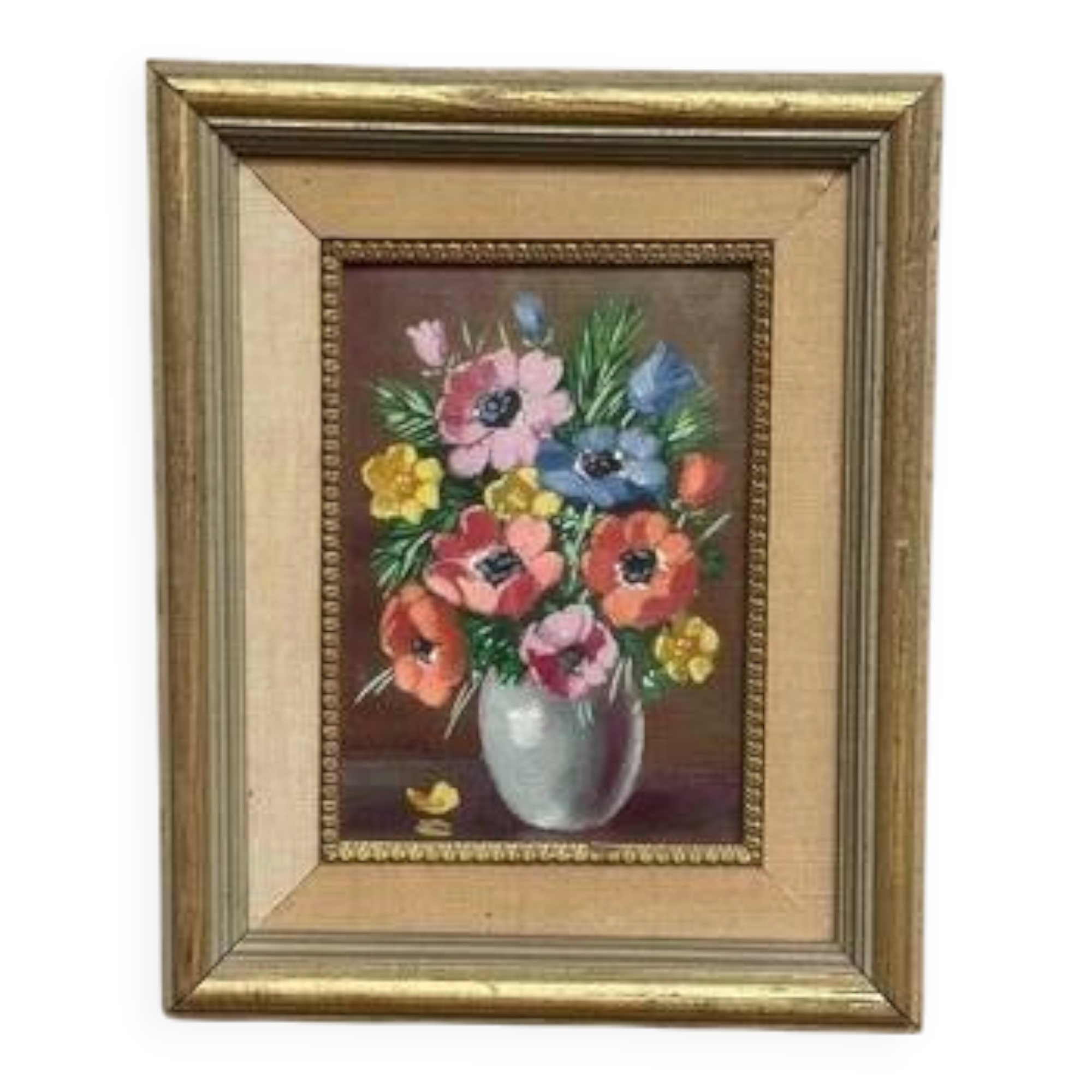 Oil on Canvas Laid on Panel “ Vase” by Sascher, Vintage & Framed 22×27cm