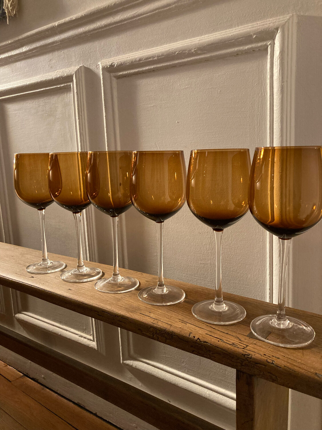 6 amber stemmed glasses