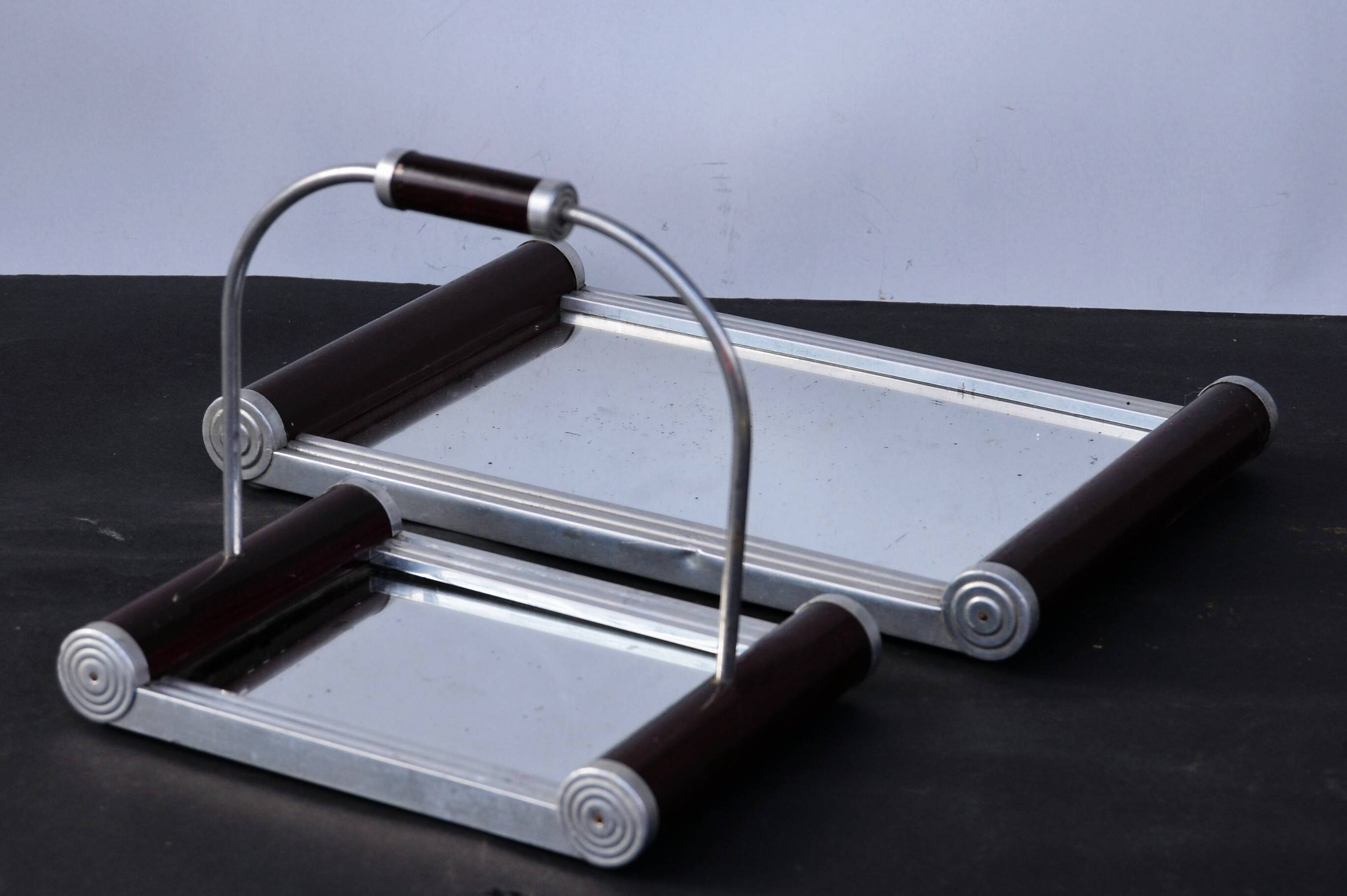 Lot of 2 Art Deco French Serving Mirror Tray