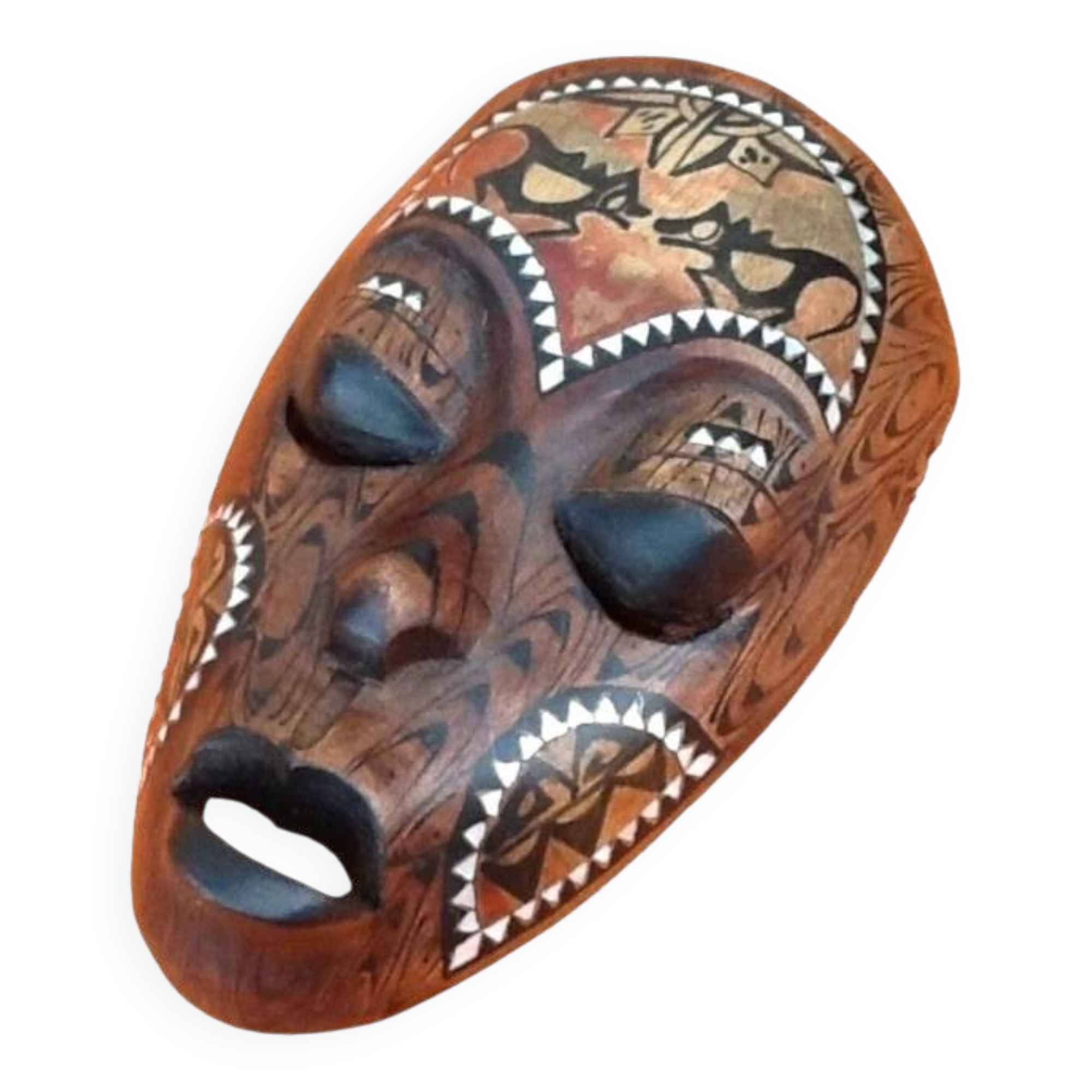 African Hanging Mask / Tribal Carved Wood Inlaid with Mother of Pearl Long