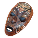 African Hanging Mask / Tribal Carved Wood Inlaid with Mother of Pearl Long
