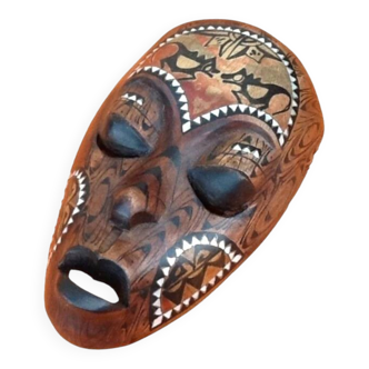 African Hanging Mask / Tribal Carved Wood Inlaid with Mother of Pearl Long