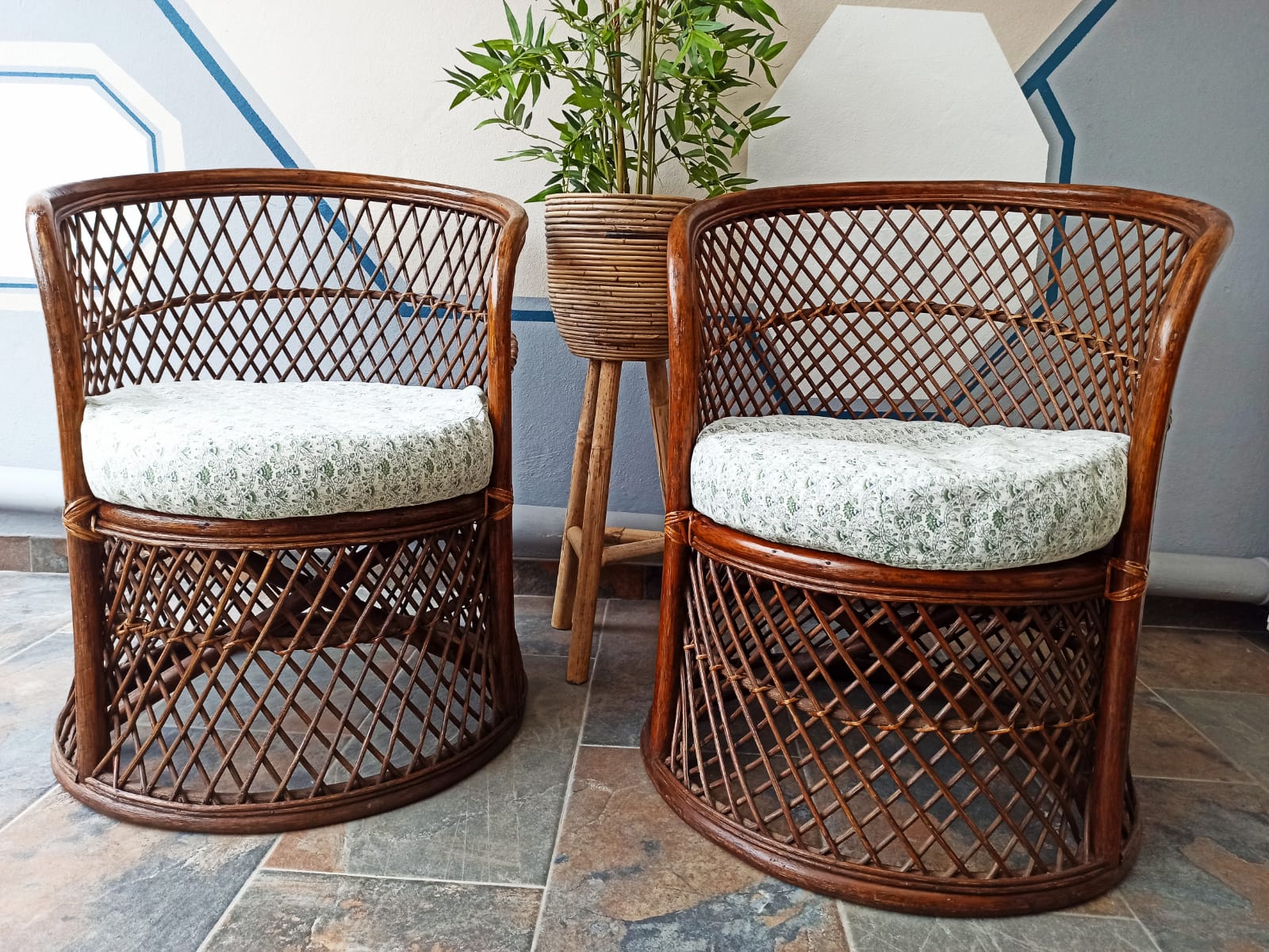Pair of vintage bamboo rattan armchairs