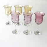 6 old pearlescent iridescent foot glasses - Old pink and amber