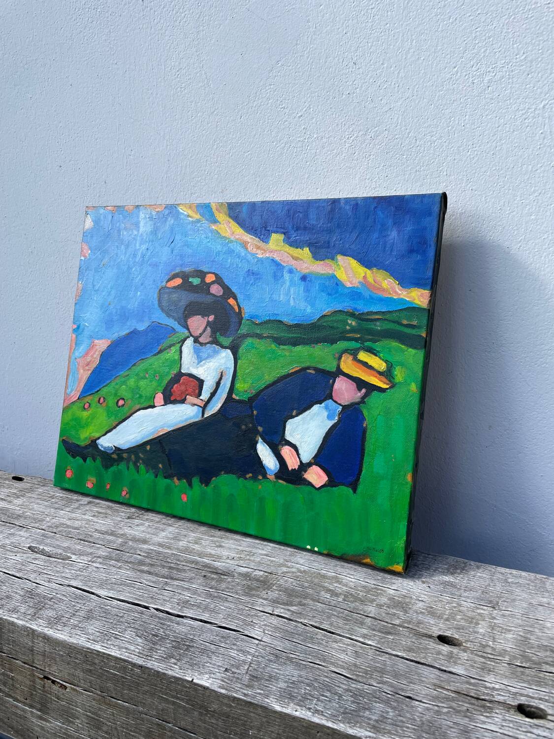 Tableau huile sur toile campagne couple