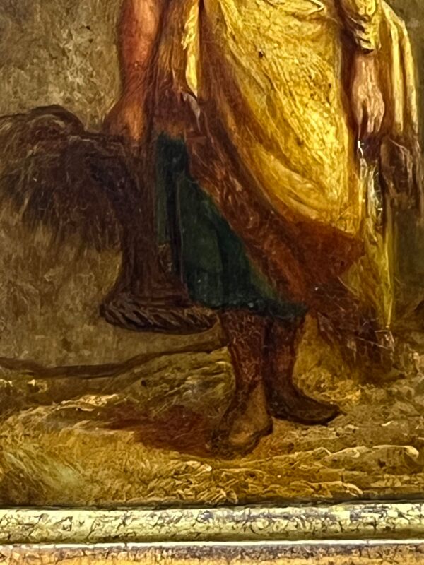 Huile sur panneau de bois, femme au panier, signé LP, Jean Baptiste Le Prince ?