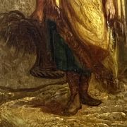 Oil on wood panel, woman with basket, signed LP, Jean Baptiste Le Prince?
