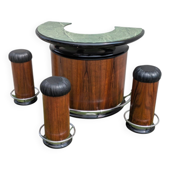 Rare : Bar Demi Lune Art déco Palissandre Marbre circa 1950 / 3 tabourets