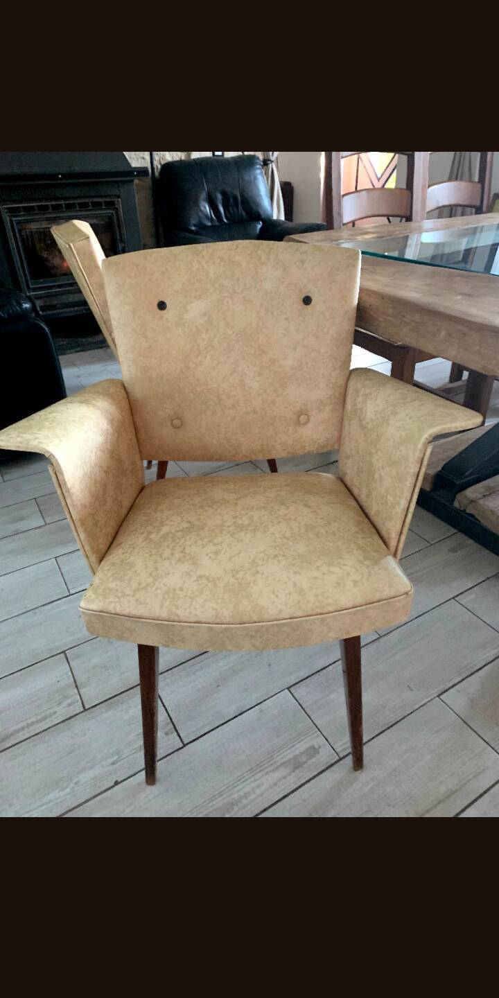 Pair of bridge armchairs in speckled faux leather, 1950.