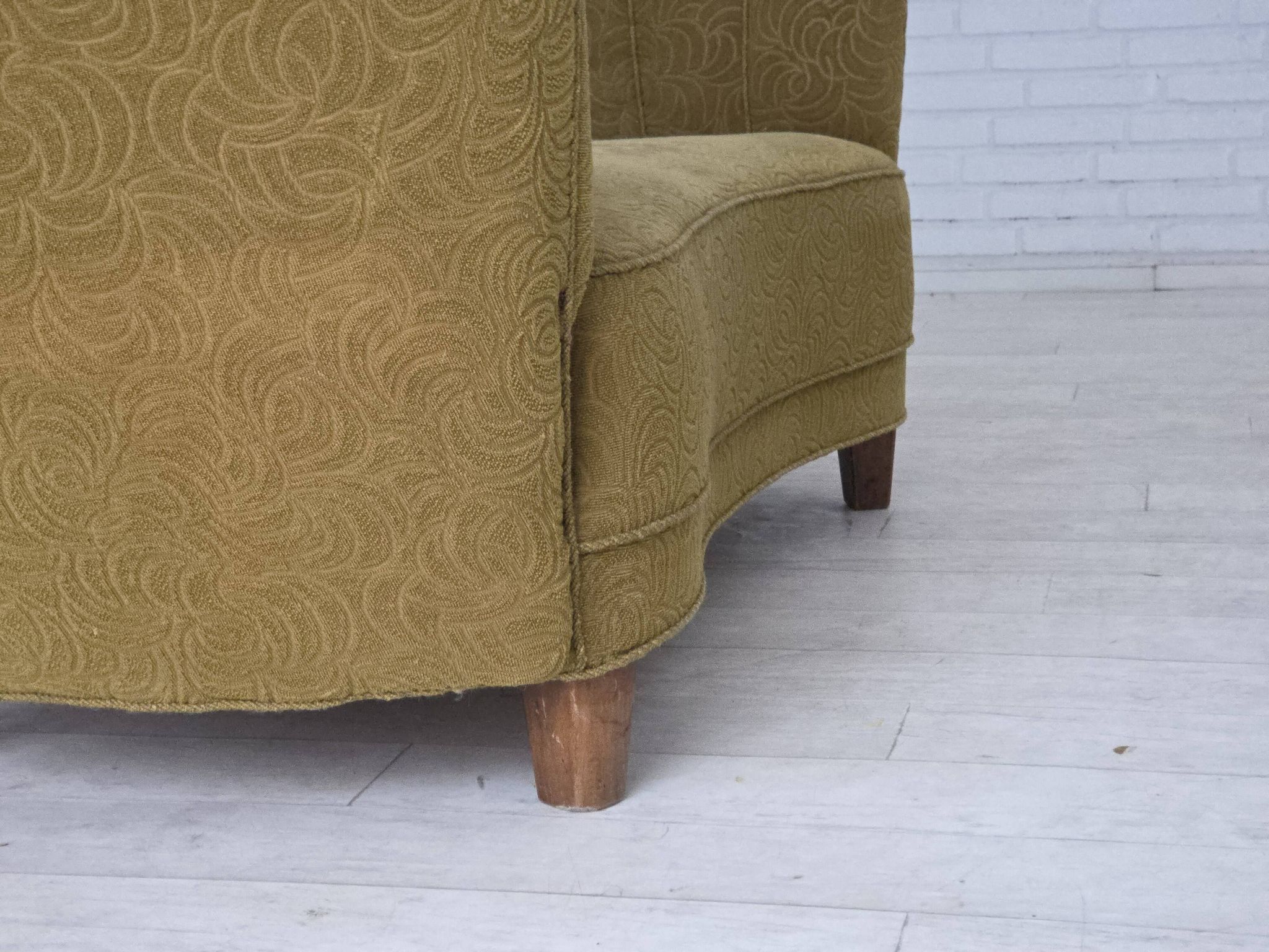 1960s, Danish 2-seater "Banana" sofa, furniture velour, beech wood.