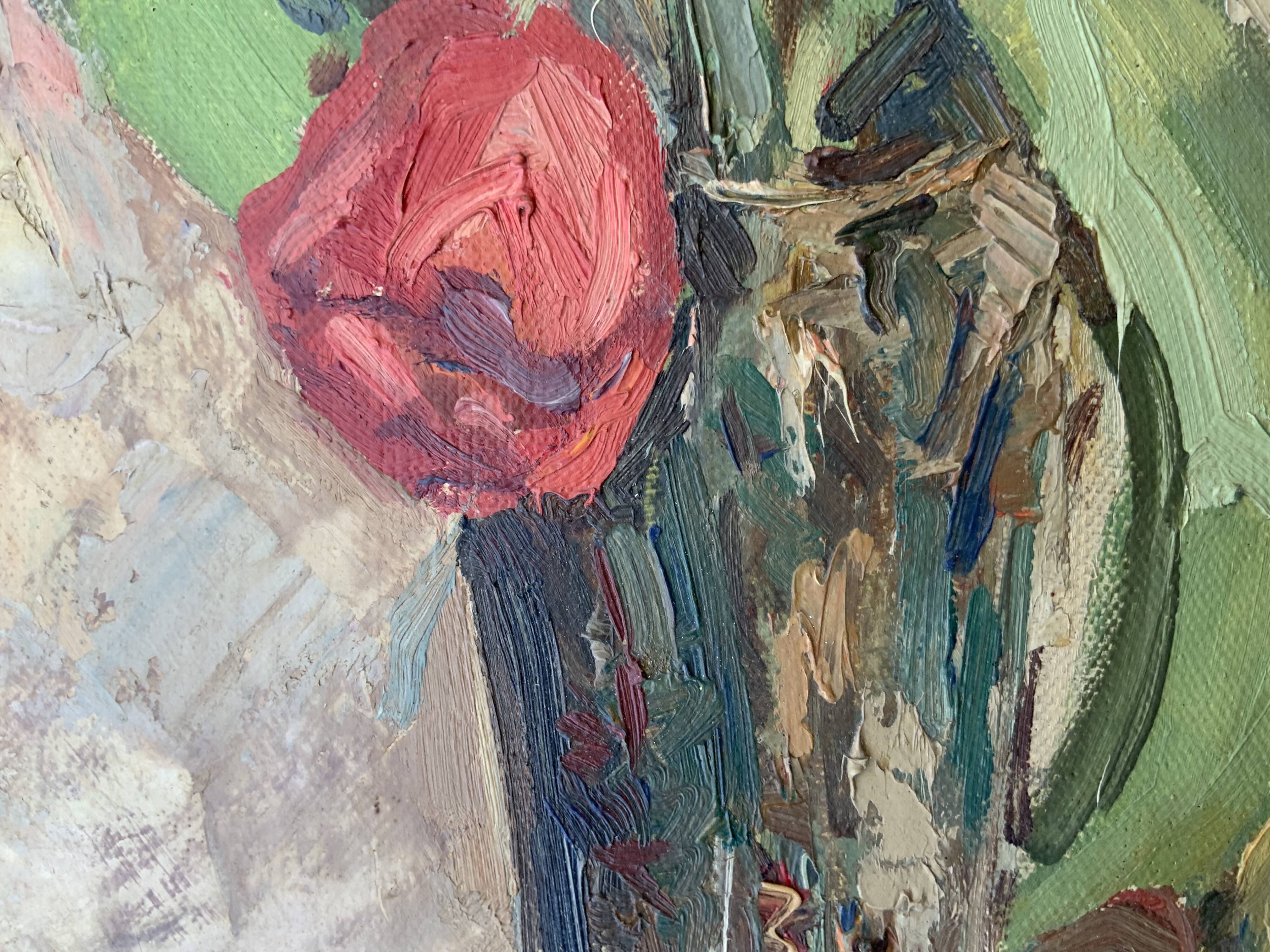 Vintage Still life with Tulips and apple, Oil Painting signed by M. Jonsson
