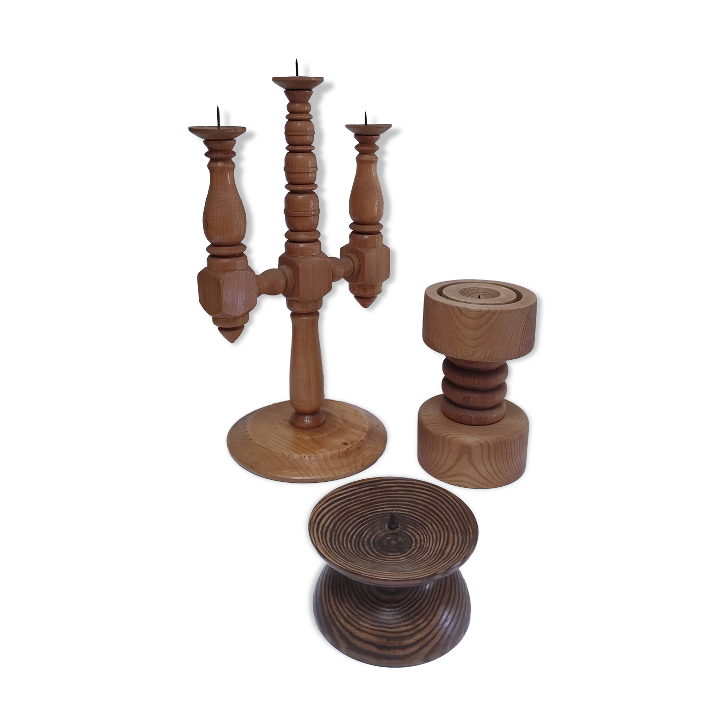 Three Scandinavian wooden candle holders, vintage design