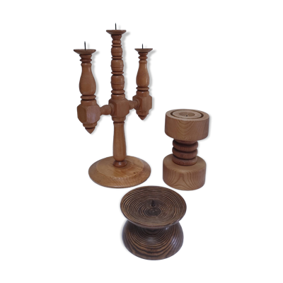 Trois bougeoirs bois scandinave design vintage
