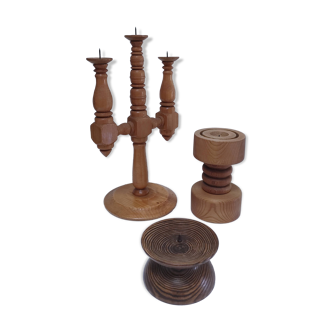 Trois bougeoirs bois scandinave design vintage