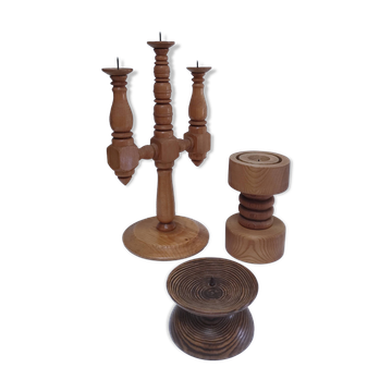 Trois bougeoirs bois scandinave design vintage